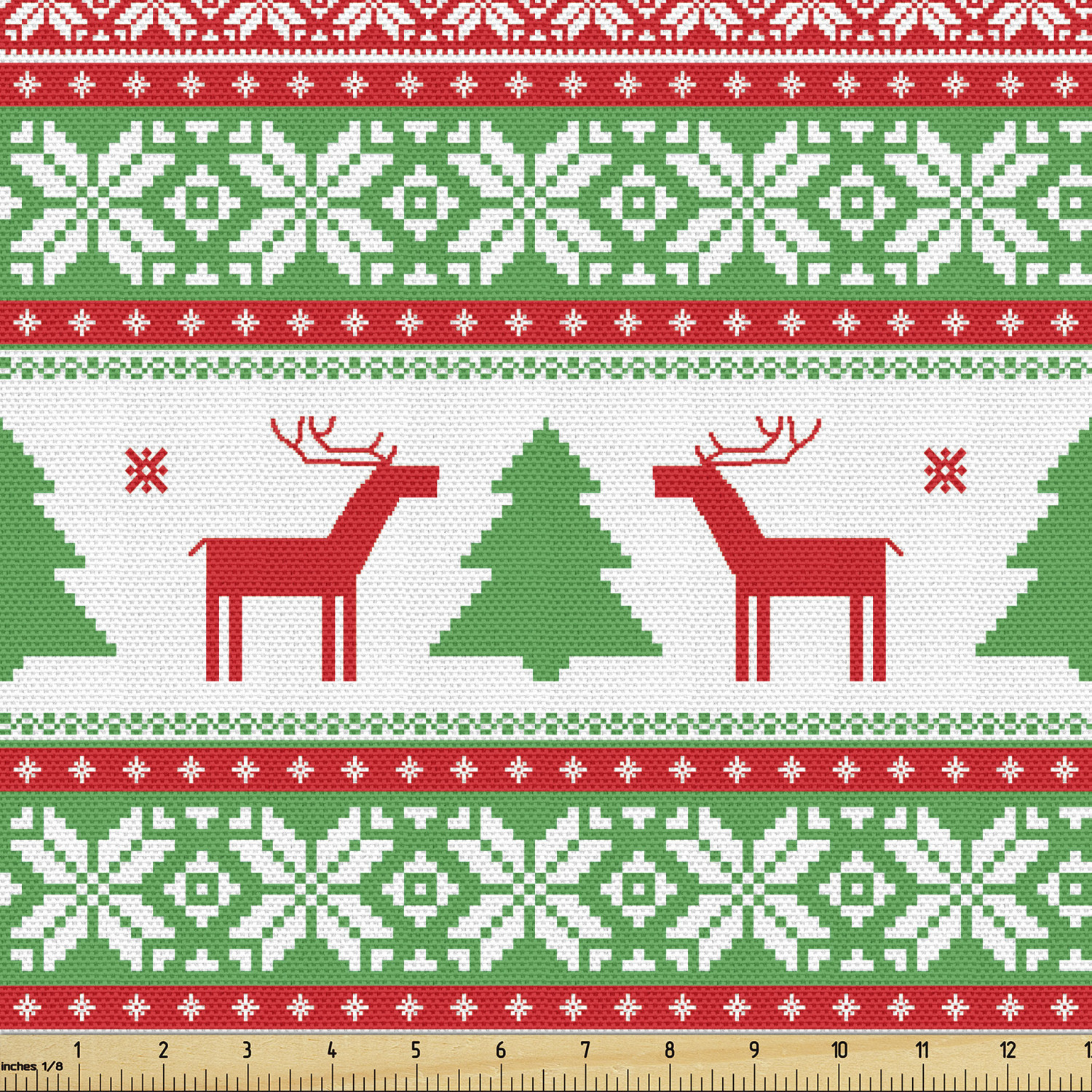 Ambesonne Christmas Fabric by The Yard, Knit Style Graphic Reindeer Star and Snowflake Holiday Family Theme, Upholstery Fabric for Dining Chairs Home Decor
